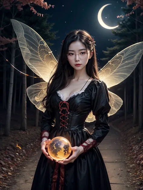 art painting of a beautiful attractive slender Chinese woman, long wavy black hair, black eyes, vintage glasses, v-neck Victorian dress, maple-colored bodice with black laces, red skirt, white gloves, transparent fairy wings, magic sphere of fire, backgrou...