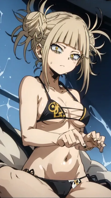 himikotoganova, (1girl, solo), blonde hair, double bun, messy hair, bangs, (perfect eyes, yellow eyes), black bikini, bags under eyes, breasts, sitting