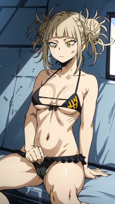 himikotoganova, (1girl, solo), blonde hair, double bun, messy hair, bangs, (perfect eyes, yellow eyes), black bikini, bags under eyes, breasts, sitting