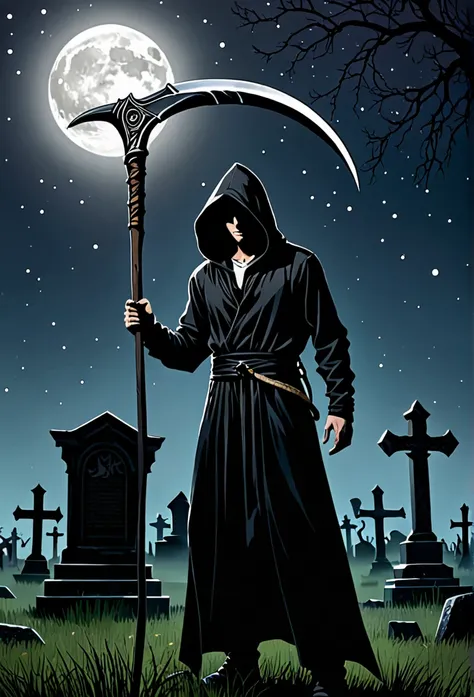 a man in a black hood holding a giant scythe、slightly looking down、
braek standing in the graveyard at night、moonlit night、it&#3...