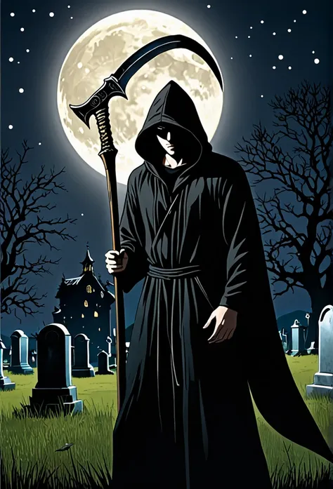 a man in a black hood holding a giant scythe、slightly looking down、
braek standing in the graveyard at night、moonlit night、it&#3...