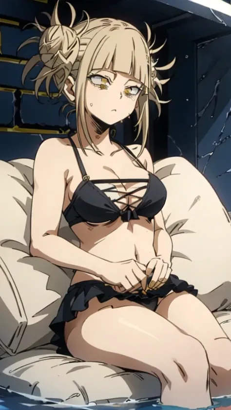 himikotoganova, (1girl, solo), blonde hair, double bun, messy hair, bangs, (perfect eyes, yellow eyes), black bikini, bags under eyes, breasts, sitting, drowning