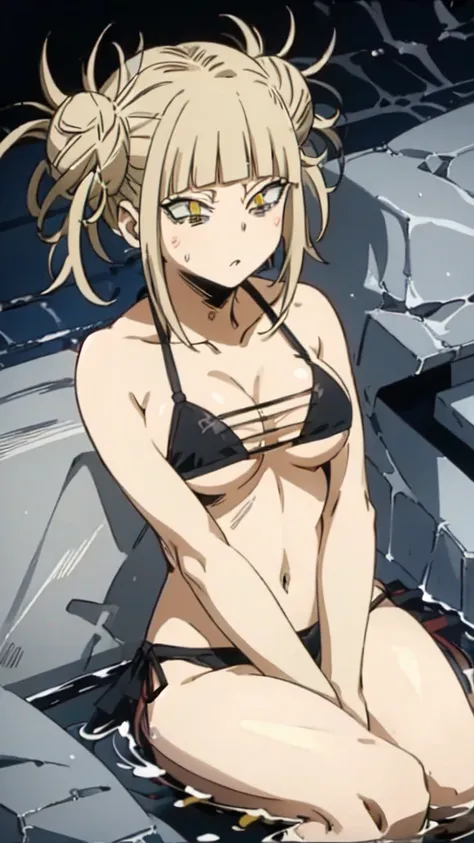 himikotoganova, (1girl, solo), blonde hair, double bun, messy hair, bangs, (perfect eyes, yellow eyes), black bikini, bags under eyes, breasts, sitting, drowning