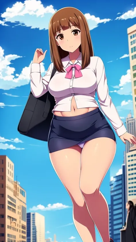 In anime, a girl with light skin, sexy, cute, leaders, long brown hair, her brown eye, wears a pink button-down blouse, shows her navel, and a short blue skirt, black shoe, she travels, flying, sky background, city.