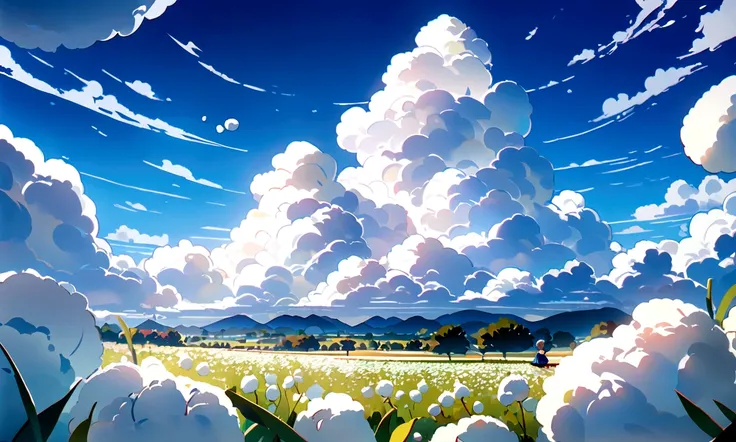 cotton field,figure,Cotton swabs,Floating Cotton,Pure white clouds,Bright blue sky,(Highest quality,4K,High resolution:1.2),Super detailed,Soft Light,sunlight,Vibrant colors,Serene landscape,Peaceful atmosphere