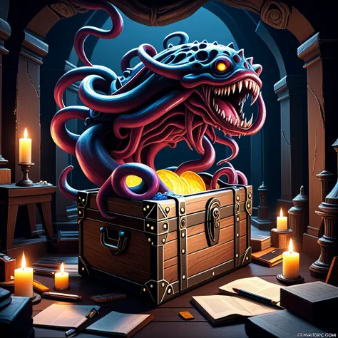 intricate fantasy treasure chest monster,dungeon deep within,tentacles and limbs emerging from its mouth,marker outline,highly detailed,cinematic lighting,dramatic composition,dark moody atmosphere,muted color palette,chiaroscuro lighting,gothic horror,unr...