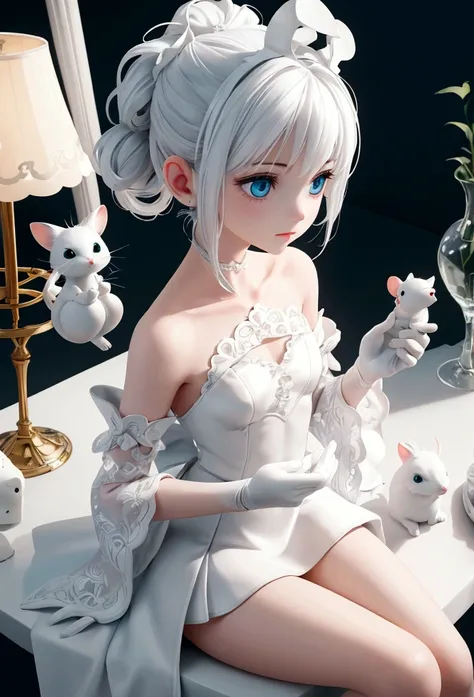 from front, portrait, from above, High resolution, high definition, ultra detailed, 4k, 8k, super masterpiece, BJD and a small white mouse are staring at each other, BJD is modeled after a beautiful 18-year-old woman, life size, Joints in the body are mech...