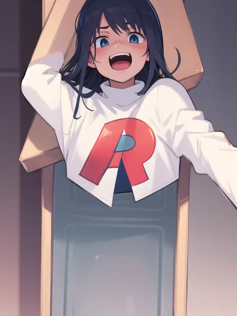 masterpiece, best quality, 1 girl, darkblue hair, long hair, team rocket,team rocket uniform, twitch, slapstick comedy, laugh eyes, laugh open mouth, big bump on head, fuss over,