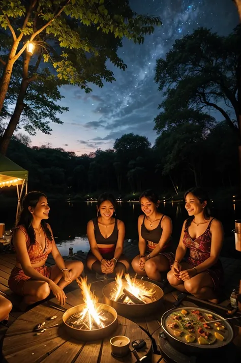 As twilight descended, four friends gathered by the riverside, their campsite illuminated by the soft glow of lanterns and the crackling campfire. The tantalizing aroma of sizzling food filled the air as they cooked their dinner over the open flames, shari...