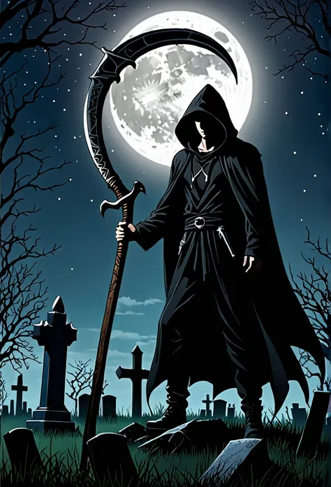 A man in a black hood holding a giant scythe、Slightly looking down、
BRAEK Standing in the graveyard at night、Moonlit Night、It&#39;s foggy, the eyes are shadowed and dark.、BRAEK Night with the tip of the sickle shining、