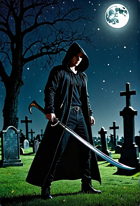 A man in a black hood holding a giant scythe、Slightly looking down、
BRAEK Standing in the graveyard at night、Moonlit Night、It&#39;s foggy, the eyes are shadowed and dark.、BRAEK Night with the tip of the sickle shining、