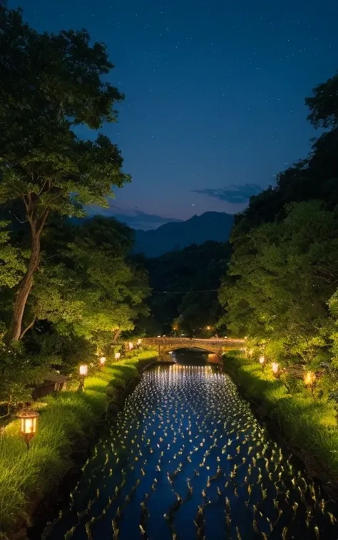 Nostalgic Japan scenery、The river flows、You can see the rice fields across the river、Fireflies are dancing at night、A dreamlike world、