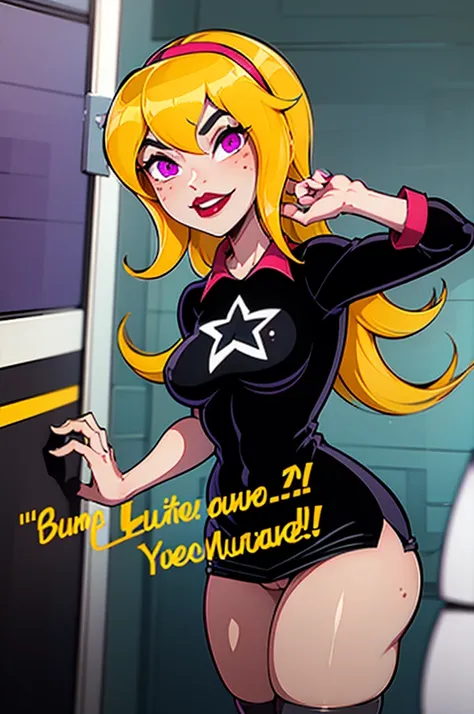 yellow hair, black dress, freckles, lipstick, big , purple eyes, Lucy Mann, big ass, seductive pose, solo, tight outfit, masterpiece, high quality, humanoid