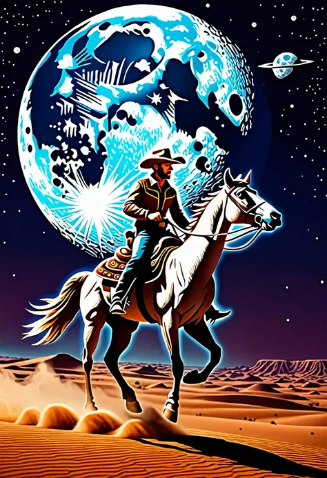 space horizon, moon, cowboy, desert, male cowboy riding on a bird, night, flying spaceship