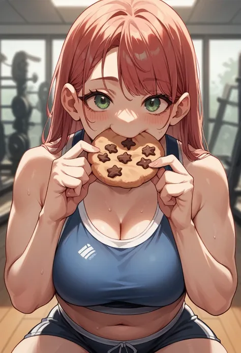 Fat girl eating cookies in the gym in a sports suit