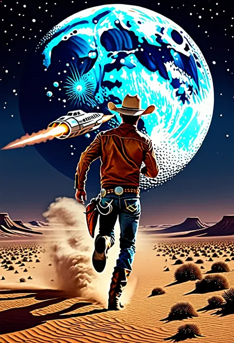 space horizon, moon, cowboy, desert, male cowboy running, flying spaceship