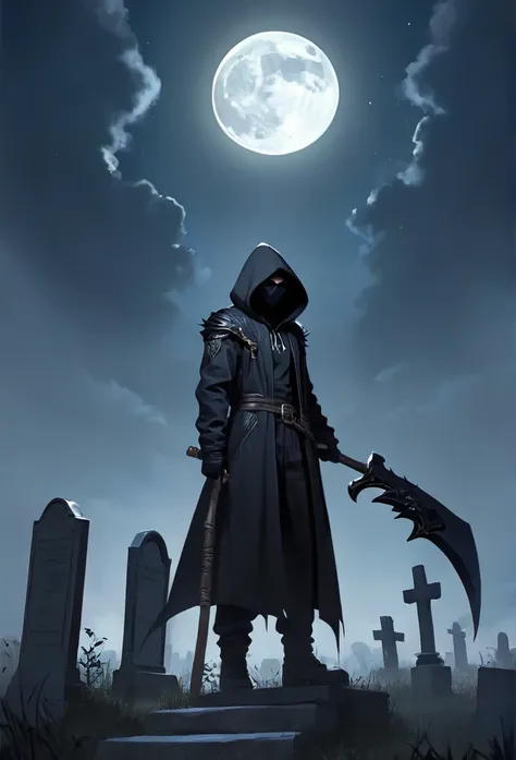 A man in a black hood holding a giant scythe、Slightly looking down、
BRAEK Standing in the graveyard at night、Moonlit Night、It&#39;s foggy, the eyes are shadowed and dark.、BRAEK Night with the tip of the sickle shining、