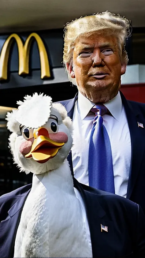 donald trump dressed as colonel sanders trying to catch a duck in a mcdonalds restaurant photo realistic