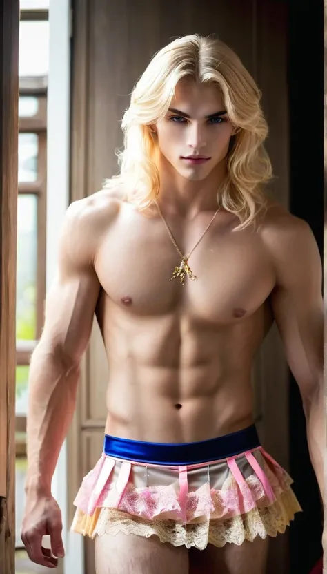 1man, realistic photo of seductive aroused muscular charming handsome attractive twink vampire man Alucard with long blonde hair and glowing amber gold golden eyes wearing seductive lacey lace lingerie dress 👗 twink vampire, twink vampire wearing a dress s...