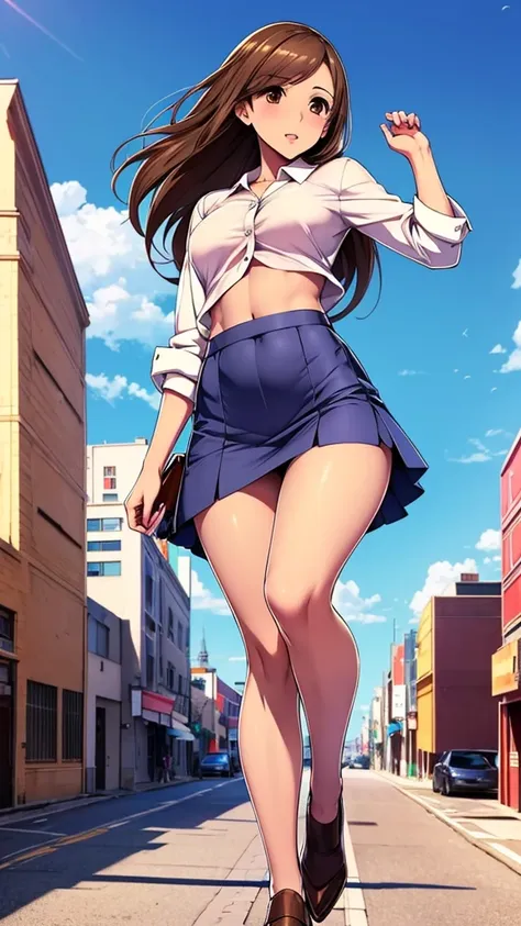 In anime, a girl with light skin, sexy, cute, leaders, long brown hair, her brown eye, wears a pink button-down blouse, shows her navel, and a short blue skirt, black shoe, she travels, flying, sky background, city.