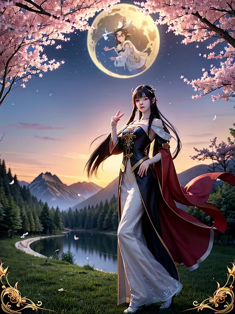 Earth medieval,a beautiful attractive slender Chinese woman, long wavy black hair, black eyes,busts large, vintage glasses, v-neck Victorian dress, maple colored bodice with black laces, red skirt, white gloves, blue butterflies flying in the night sky, fr...