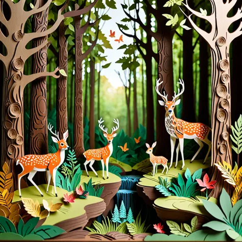 Create a detailed paper cutout artwork depicting a lively forest scene filled with various animals. The scene should include tall, majestic trees with dense foliage, a variety of animals such as deer, rabbits, birds, and squirrels interacting with their na...