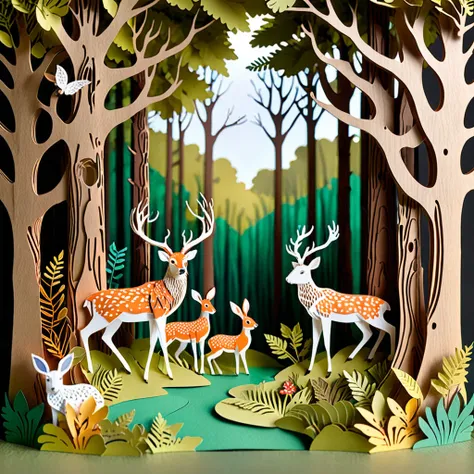 Create a detailed paper cutout artwork depicting a lively forest scene filled with various animals. The scene should include tall, majestic trees with dense foliage, a variety of animals such as deer, rabbits, birds, and squirrels interacting with their na...