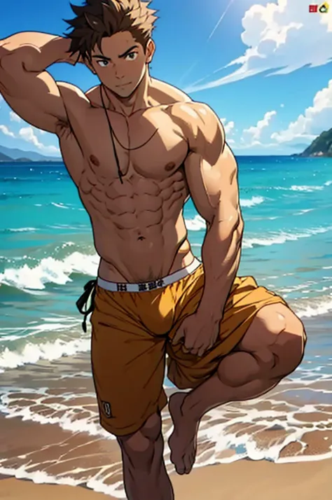 man, muscular young man in string thong, Transparent ,large lump, big chest, on the beach 