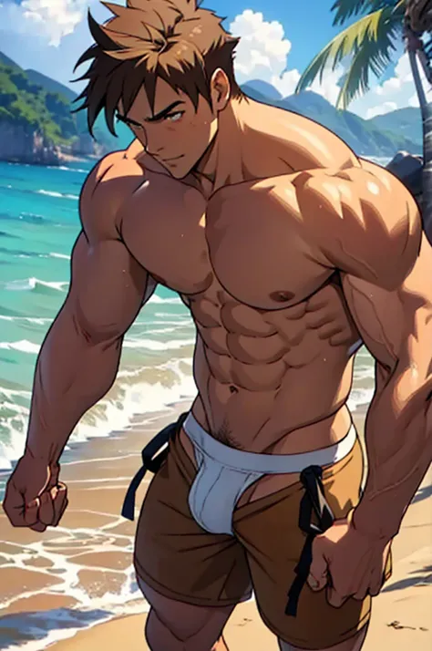 man, muscular young man in string thong, Transparent ,large lump, big chest, on the beach 