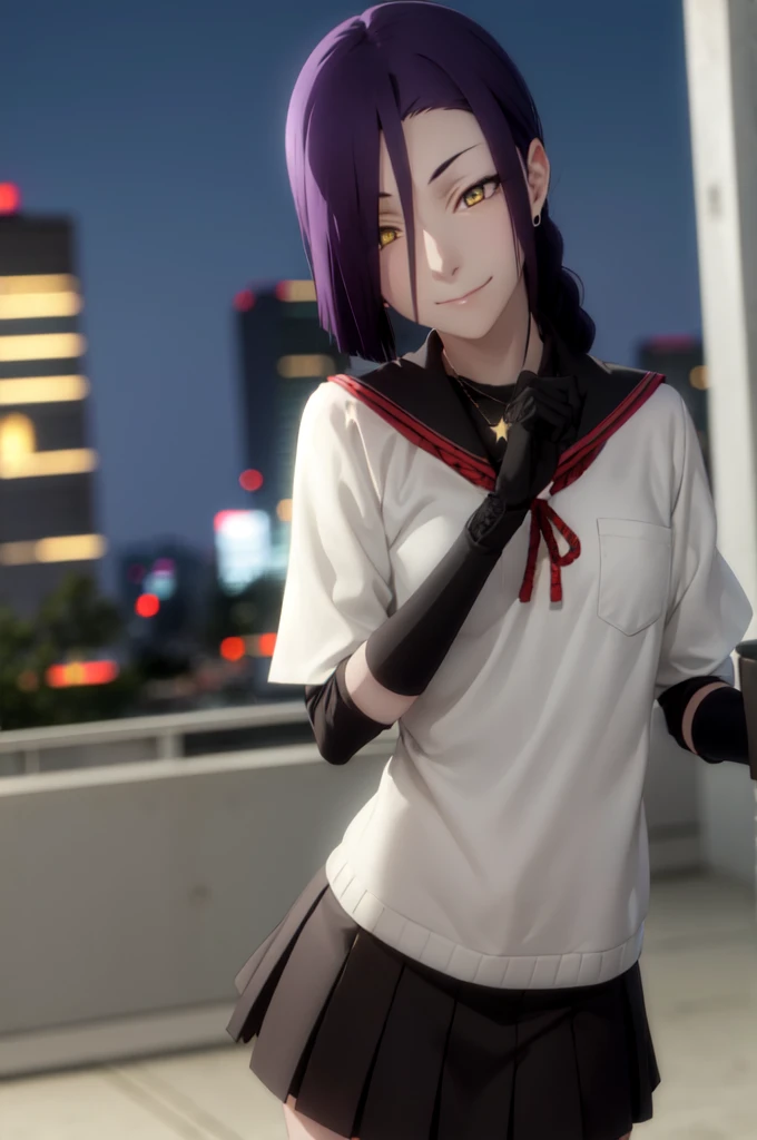 maganechikujouin, magane chikujouin, long hair, purple hair, braid, single braid, (hair over one eye:1.5), (yellow eyes:1.3), sm...