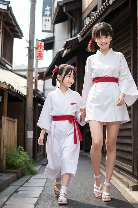 2 girls walking in old-Japanese street,white hakama tops,red or hakama bottoms,18-year-old,bangs,a little smile,short hair and low pigtails with red ribbon bow,from before,front light