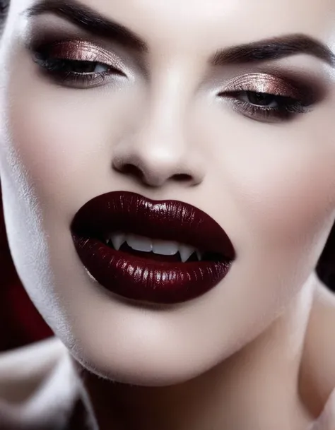 nsfw, 1lady, solo, mature adult woman,evil MILF,lady from hell, vampire beauty, femme fatale, evil apostle of darkness, peerless beauty,a Vampire Kiss, (A evil smile that lifts the corners of her mouth:1.3),(Dark red lips, glossy lips), Fangs, tongue, sali...