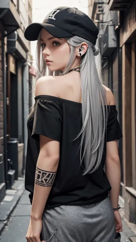 
“Create a high-resolution image of a character with long silver hair wearing a cap. The character’s hair is tied and falling down from the back of the cap. They are dressed in an off-shoulder black shirt with the word ‘ROCK’ in white letters on the chest....