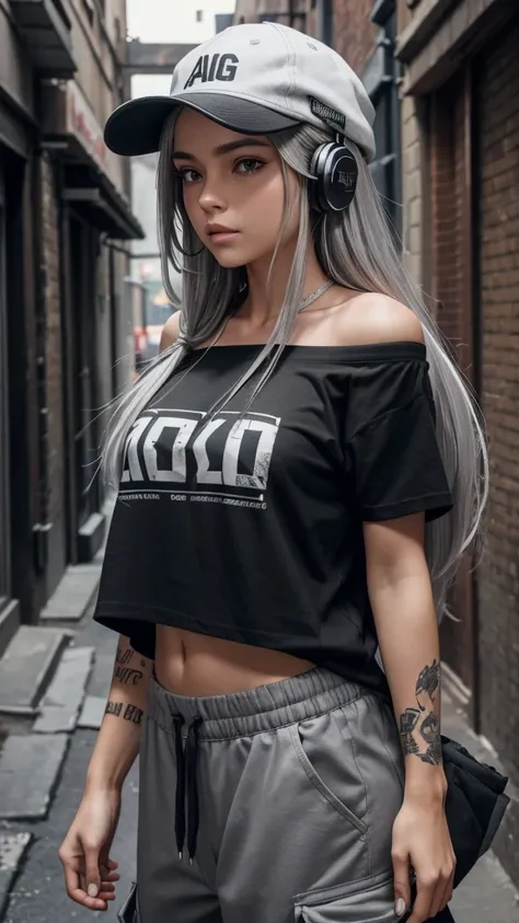 
“Create a high-resolution image of a character with long silver hair wearing a cap. The character’s hair is tied and falling down from the back of the cap. They are dressed in an off-shoulder black shirt with the word ‘ROCK’ in white letters on the chest....