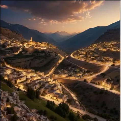 a view of a town in the middle of a mountain with a road going through it, by Abdullah Gërguri, realistic photo of a town, gorgeous, kurdistan, beautiful, by Yehia Dessouki, ( visually stunning, beautiful small town, wow it is beautiful, breath taking, bea...