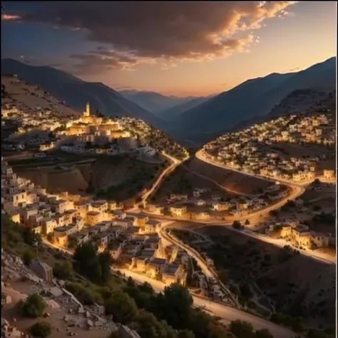 a view of a town in the middle of a mountain with a road going through it, by Abdullah Gërguri, realistic photo of a town, gorgeous, kurdistan, beautiful, by Yehia Dessouki, ( visually stunning, beautiful small town, wow it is beautiful, breath taking, bea...