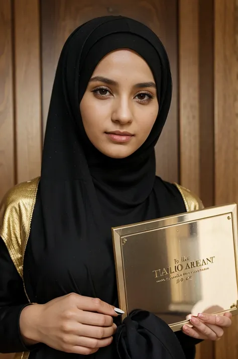 Photo of a woman wearing a hijab holding a plaque