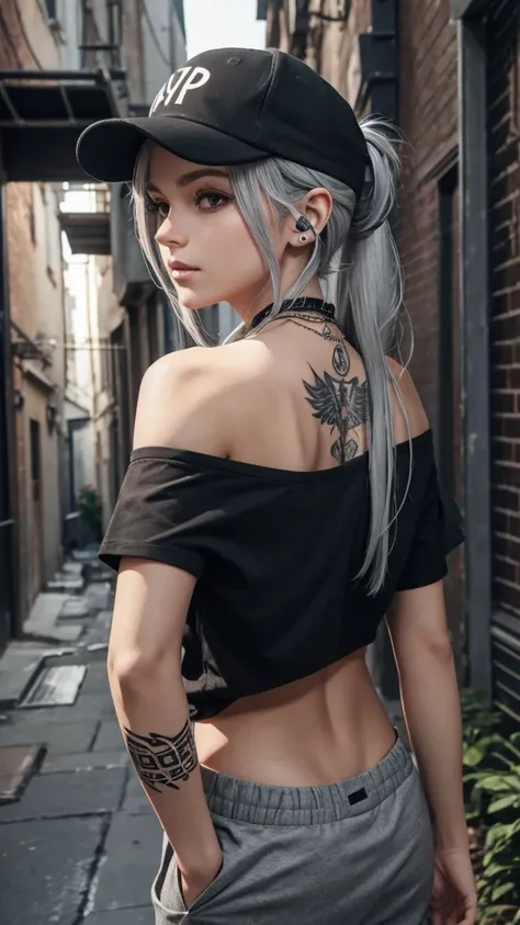 
“Create a high-resolution image of a character with long silver hair wearing a cap. The character’s hair is tied and falling down from the back of the cap. They are dressed in an off-shoulder black shirt with the word ‘ROCK’ in white letters on the chest....