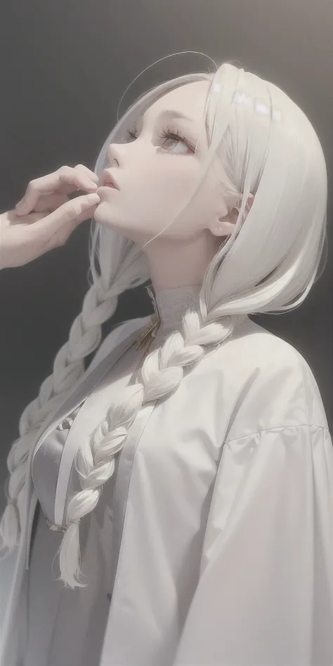 best quality, masterpiece,white hair, gold eyes,white clothes, looking up, upper body,hair strand,Fair skin,side braids