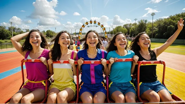 Thrilling roller coaster ride with a group of friends, all laughing and enjoying the moment, Loop-de-loops and twists in the track, Bright and colorful carts speeding through the air, Blue sky and fluffy clouds in the background, Expressive and joyful expr...