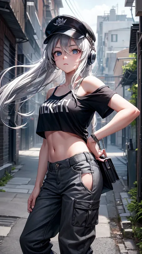 
“Create a high-resolution image of a character with long silver hair wearing a cap. The character’s hair is tied and falling down from the back of the cap. They are dressed in an off-shoulder black shirt with the word ‘ROCK’ in white letters on the chest....