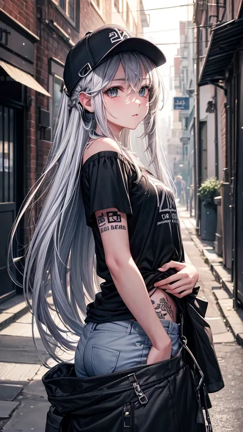 
“Create a high-resolution image of a character with long silver hair wearing a cap. The character’s hair is tied and falling down from the back of the cap. They are dressed in an off-shoulder black shirt with the word ‘ROCK’ in white letters on the chest....