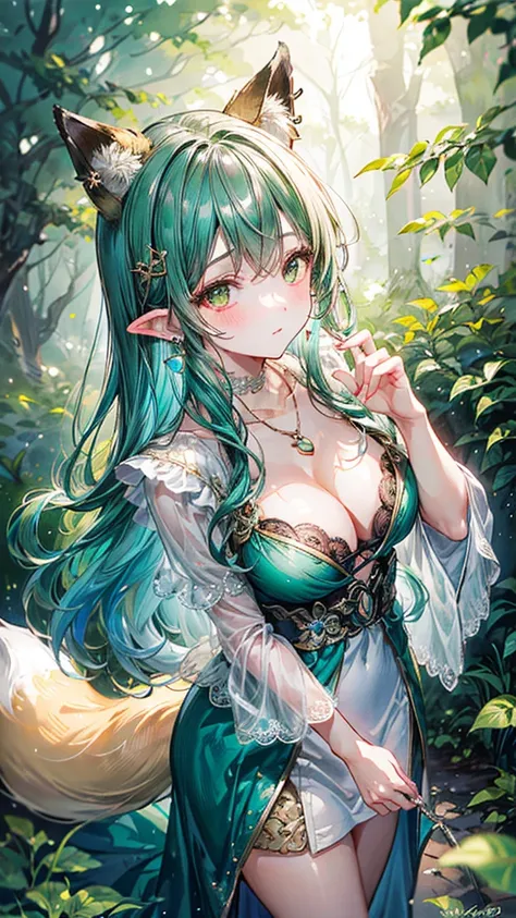 (Best quality, 8k, 32k, Masterpiece, UHD,:1.2),RAW, 1girl,ultra cute , natural lighting,transparent shining eyes, 20yo,medium breast ,fair complexion ,flushed face, Enchanting Forest Fox Sorceress,  Flowing Green Gown, Opt for flowing green gown reminiscen...