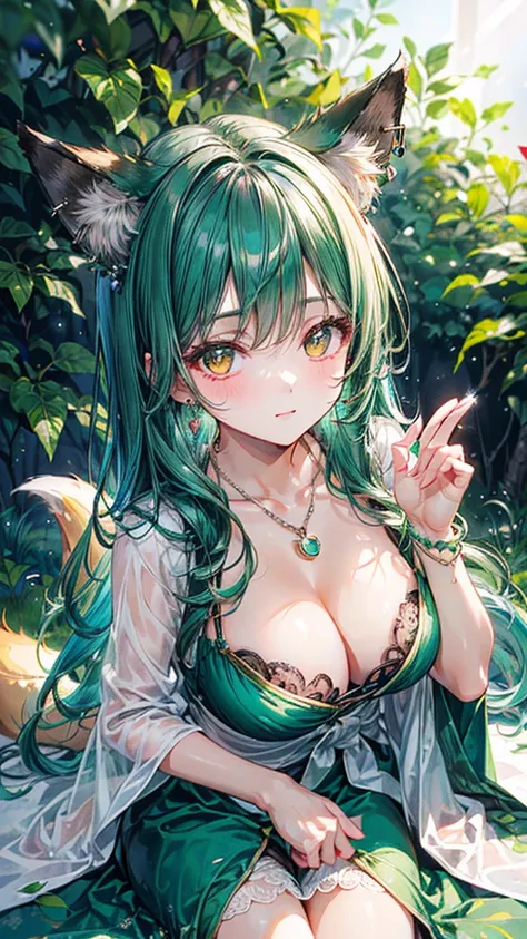 (Best quality, 8k, 32k, Masterpiece, UHD,:1.2),RAW, 1girl,ultra cute , natural lighting,transparent shining eyes, 20yo,medium breast ,fair complexion ,flushed face, Enchanting Forest Fox Sorceress,  Flowing Green Gown, Opt for flowing green gown reminiscen...