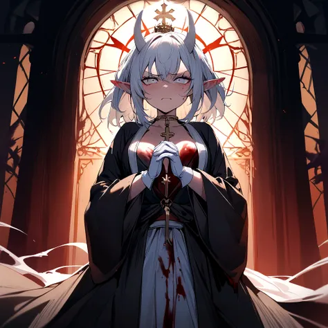 Masterpiece, 4k, high quality, 1 girl,white short hair like fire, white horns, angry raging expression,blue patterned monk robe, white gloves, summoning circles out of her hands, elf ears, pale white eyes , in the night, in front of the gates of hell , Cat...