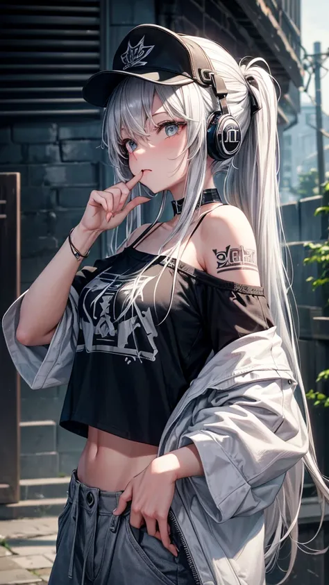 
“Create a high-resolution image of a character with long silver hair wearing a cap. The character’s hair is tied and falling down from the back of the cap. They are dressed in an off-shoulder black shirt with the word ‘ROCK’ in white letters on the chest....