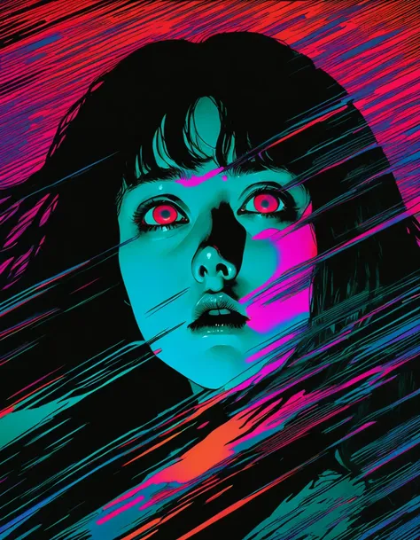 illust、art、from 80s horror movie, directed by Junji Ito、A horrible ghost、high detail, realsitic shadow、Analog style, vhs style, 8mm film, chromatic aberration, Dvd screengrab、Complementary color gradient