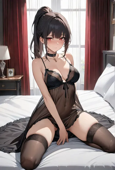 (masterpiece, Highest quality, High resolution, Super detailed, Highest quality), Detailed body, Detailed face, Detailed Red Eyes, Shy,  Tight waist, Black ponytail hair, sexy sheer nightgown, bedroom, hips up, ((kneeling)), bended knee and opened legs, (c...