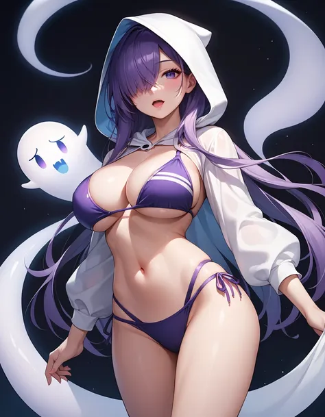 anime_source, (masterpiece), best quality, expressive eyes, perfect face, score_9, score_8_up, score_7_up, 1girl, bikini, black background, breasts, ghost, ghost costume, hair over one eye, hood, large breasts, long hair, looking at viewer, navel, open mou...