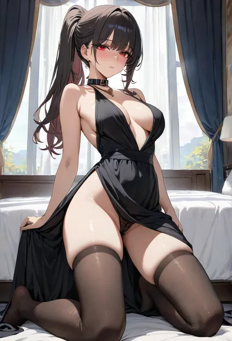 (masterpiece, Highest quality, High resolution, Super detailed, Highest quality), Detailed body, Detailed face, Detailed Red Eyes, Shy,  Tight waist, Black ponytail hair, sexy maxi dress, bedroom, hips up, ((kneeling)), bended knee and opened legs, (collar...